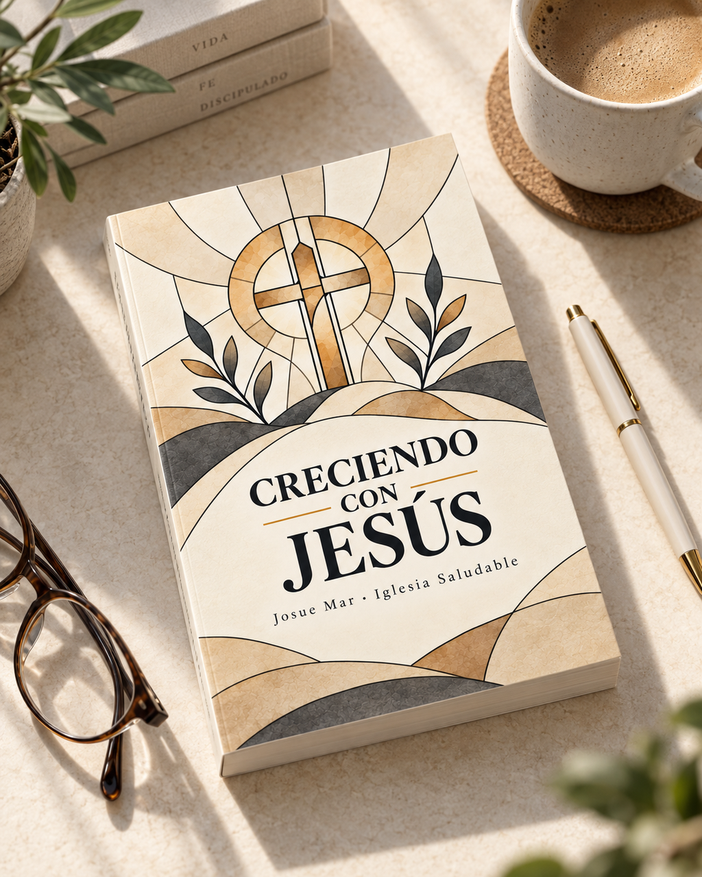 Libro físico Creciendo con Jesús en escritorio con café, Iglesia Saludable