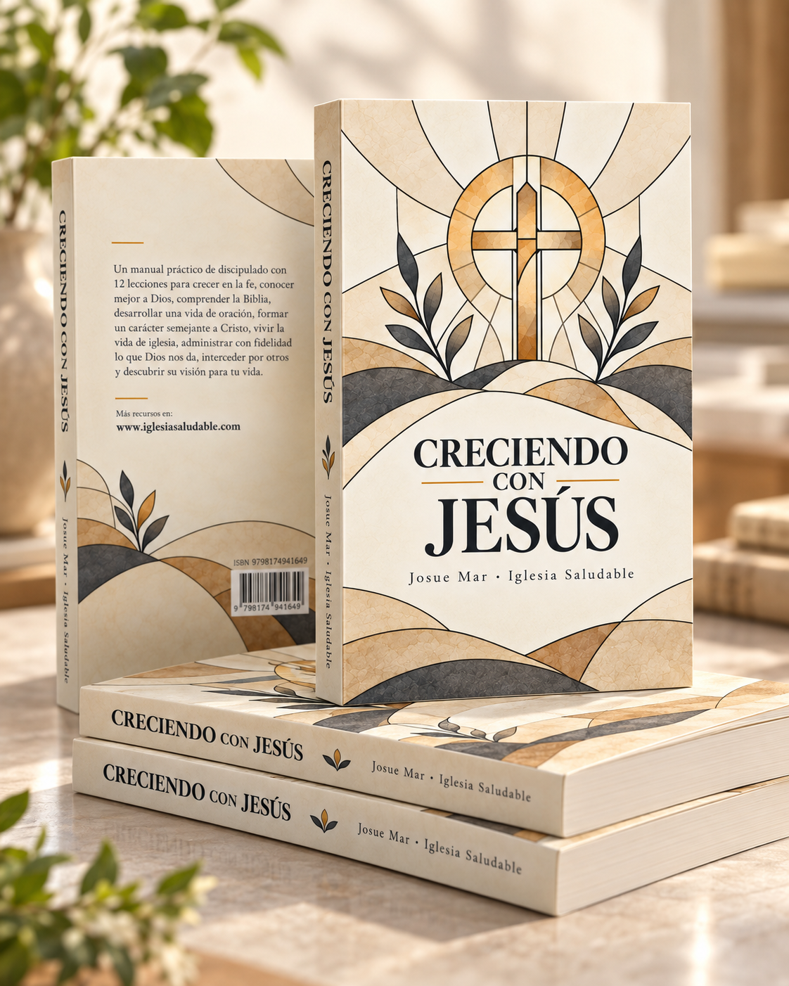 Varias copias del libro físico Creciendo con Jesús, Iglesia Saludable